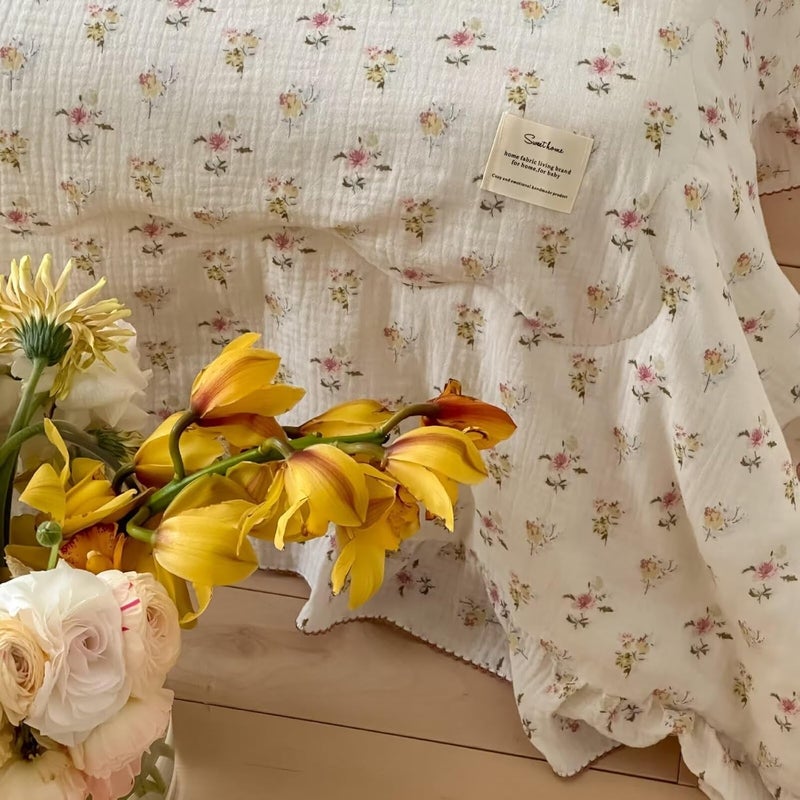 BuLuTu Muslin Kids Comforter with Ruffles 59"x79", Shabby Chic Azalea Floral Print on Beige Quilted Blanket, Double-Layer Gauze Cotton Children Bed Blanket, Bedspread Coverlet, Lightweight Breathable - Image 5